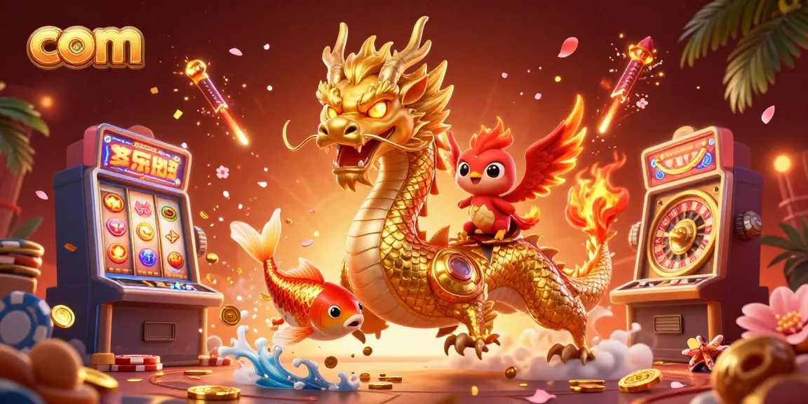 Experience the excitement at Dabet.com with a dynamic dragon, phoenix, and koi fish amidst vibrant casino symbols.