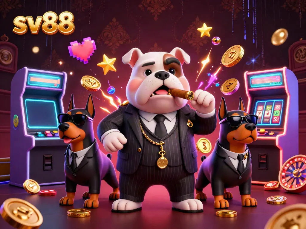 Engage with sv88's vibrant 3D casino scene featuring a mafia bulldog and bodyguard Dobermans amidst game machines and slot elements.