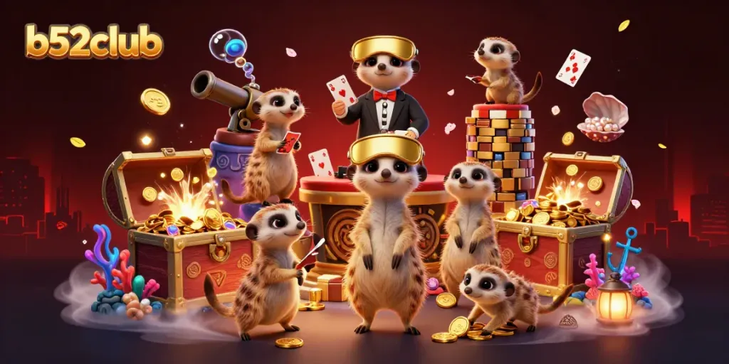 Engaging meerkats operating a vibrant b52club casino scene filled with treasures and game elements