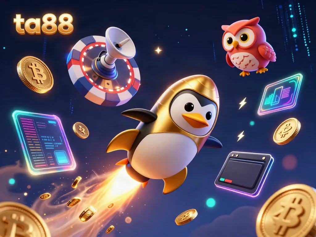Experience the excitement of ta88 as golden penguins and crypto coins launch through a vibrant casino-themed space.