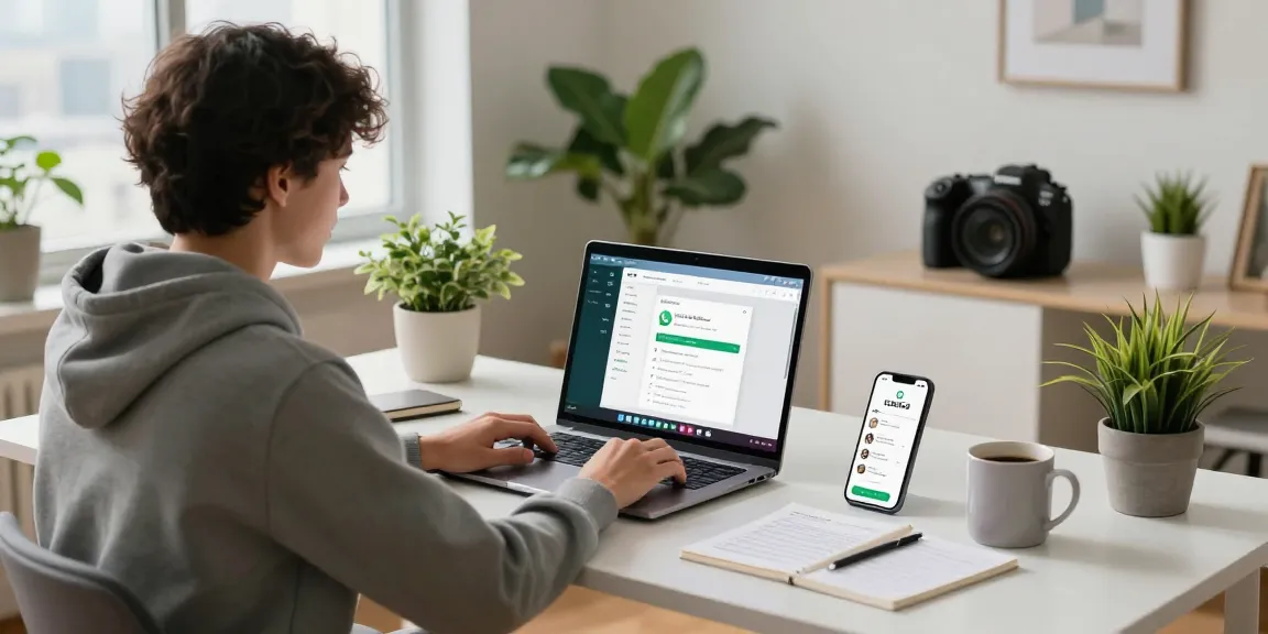 Using WhatsApp電腦版 on a laptop in a modern home office setup with vibrant indoor plants