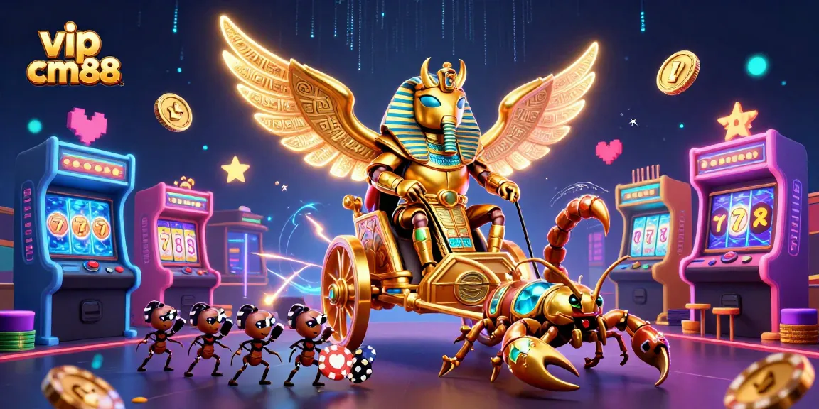 Engage with vip cm88 through an exciting casino experience featuring a giant beetle and scorpions.