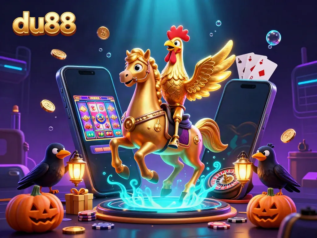 Experience thrilling gaming action at du88 with a colorful casino scene featuring a golden rooster and engaging slot games.