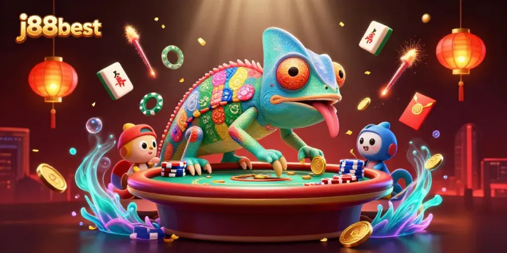 Experience the thrilling world of j88best with vibrant casino elements and colorful comic characters.