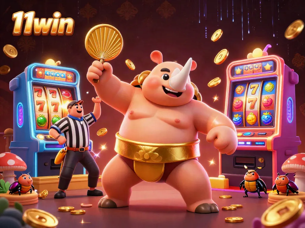 Experience the thrill of 11win with a dynamic 3D scene featuring a rhinoceros beetle stomping coins in a casino-like atmosphere.