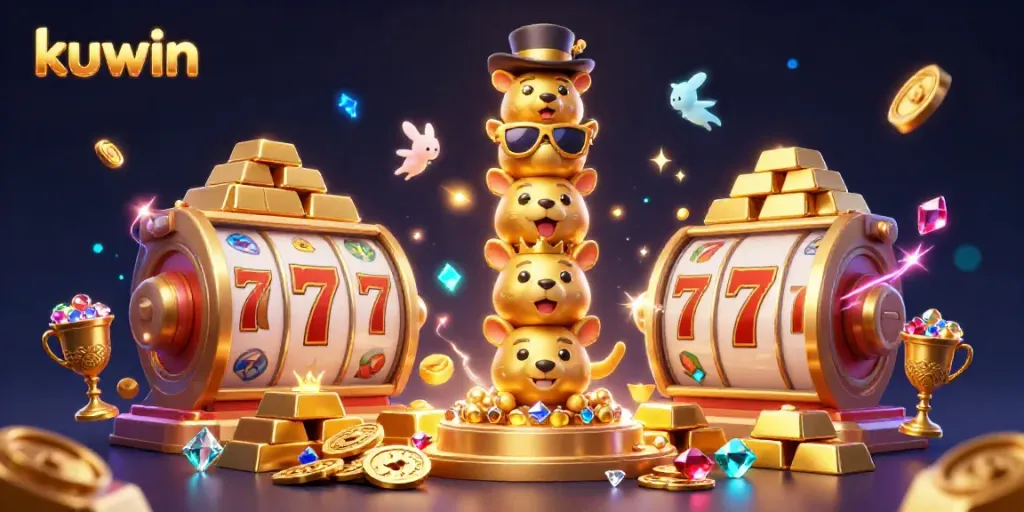 Kuwin animated totem pole surrounded by vibrant casino elements and gold treasure, evoking excitement in gaming.