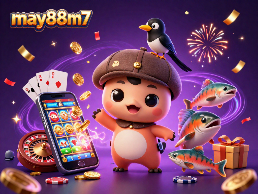 Win big with may88m7 in this captivating illustration featuring a vibrant gambling scene.
