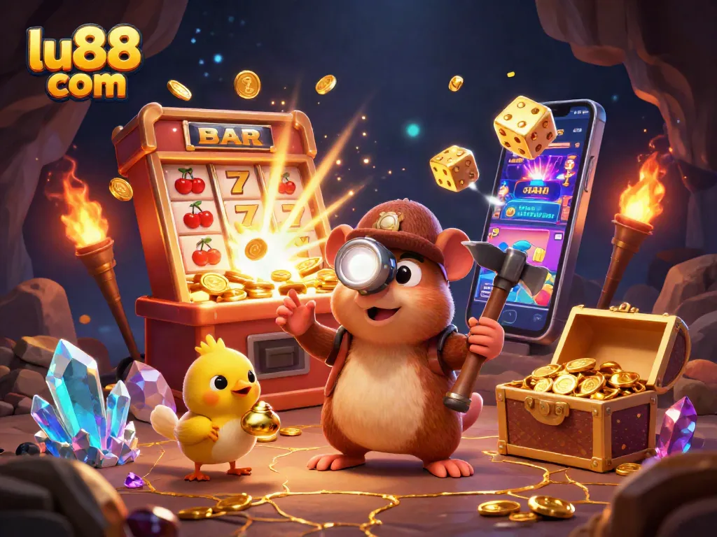 Experience the excitement of lu88 com with a 3D illustration of a treasure hunter in a vibrant casino scene.