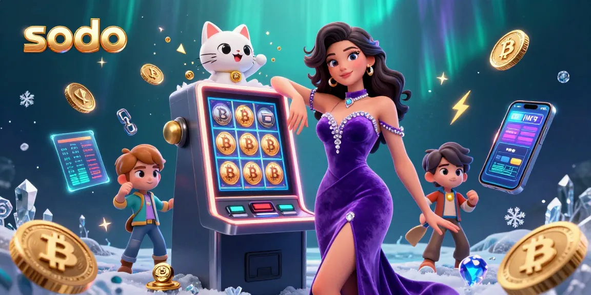 Experience thrilling jackpots at Sodo with a glamorous lady at a slot machine and vibrant crypto elements.