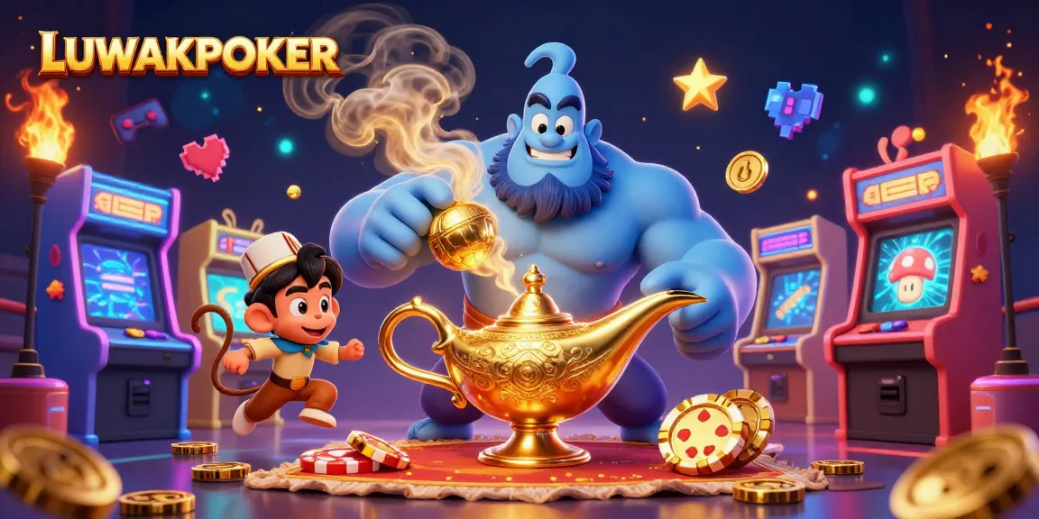 Experience gaming excitement with LUWAKPOKER as a genie, monkey, and magical elements bring casino fun alive.