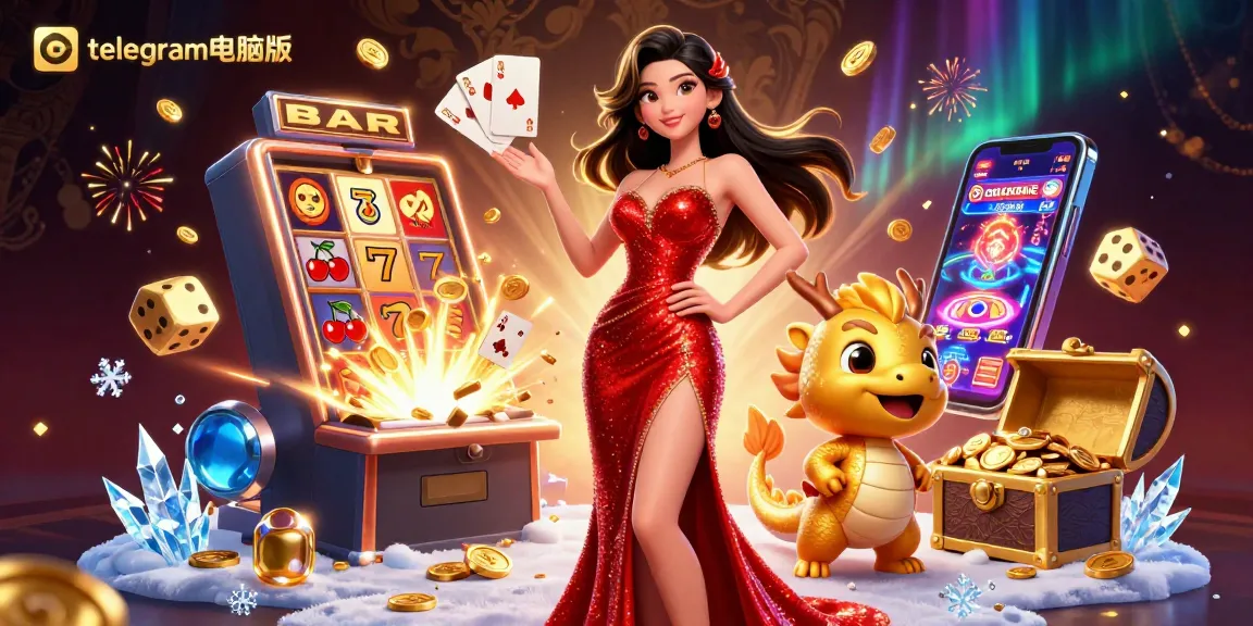 通过一幅自信的亚洲女性和顽皮的龙在赌场氛围中的生动插图，与telegram电脑版互动。