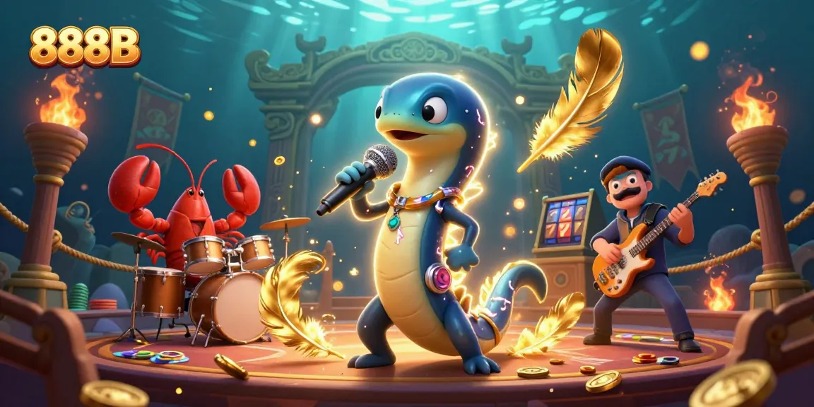 Experience thrilling gaming with 888B in a vibrant underwater casino scene featuring electric eel and band.