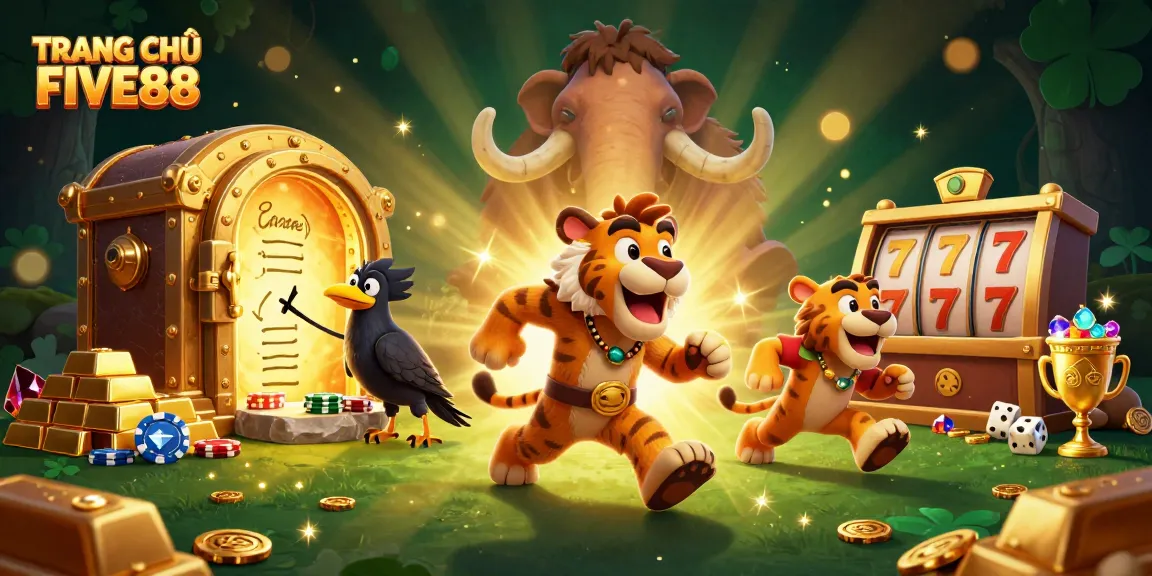 Experience TRANG CHỦ FIVE88 with this vibrant illustration of cavemen and treasure in a thrilling casino atmosphere.