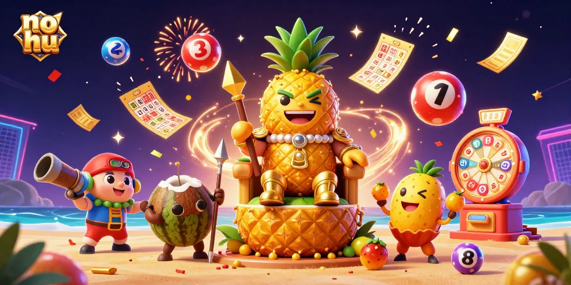 Engage with the no hu jackpot experience featuring a golden pineapple king amidst a vibrant casino scene.