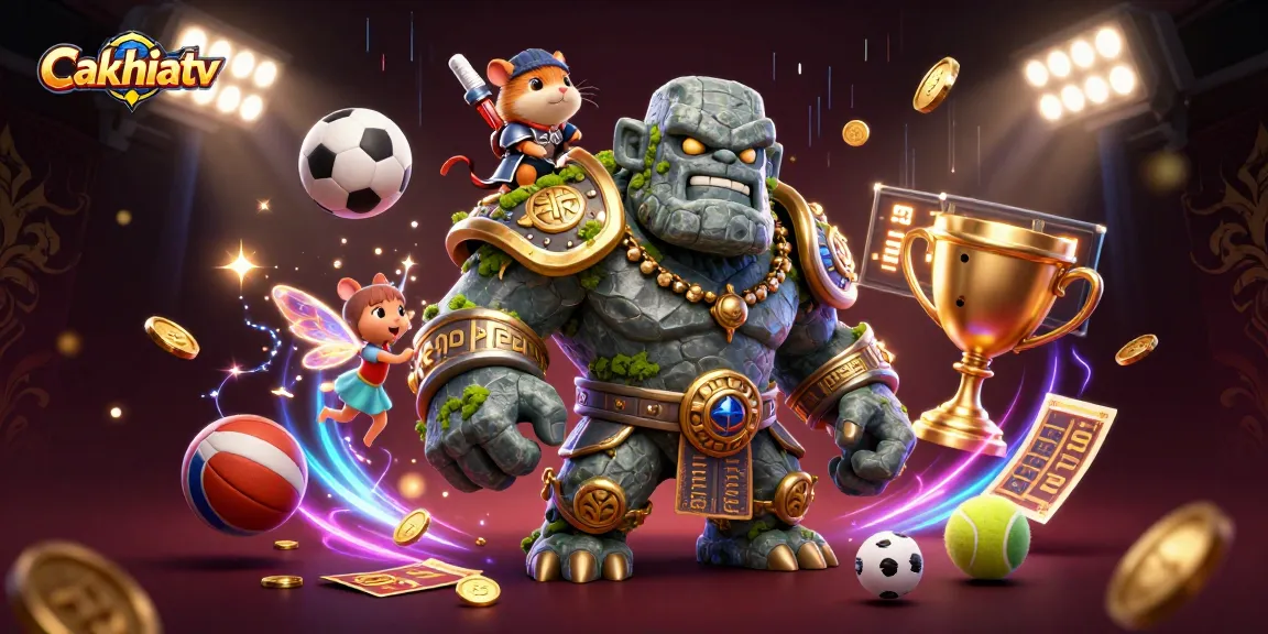 Cakhiatv enhances the online betting experience with a dynamic football-themed illustration, showcasing vibrant energies.
