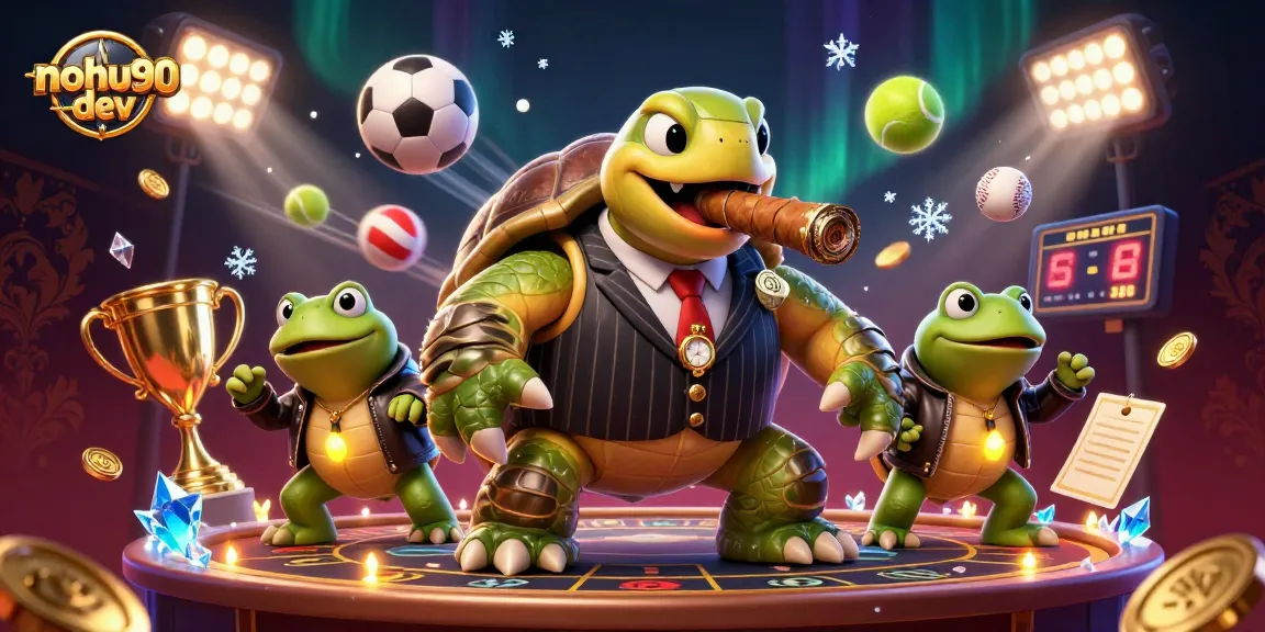 Nohu90 dev sports betting scene with a snapping turtle mobster character and frog enforcers