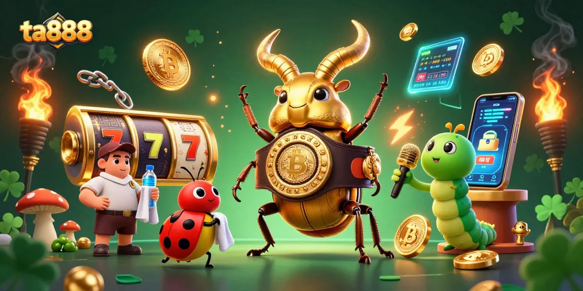Experience ta888's vibrant casino action with a golden beetle champion amidst slot reels.