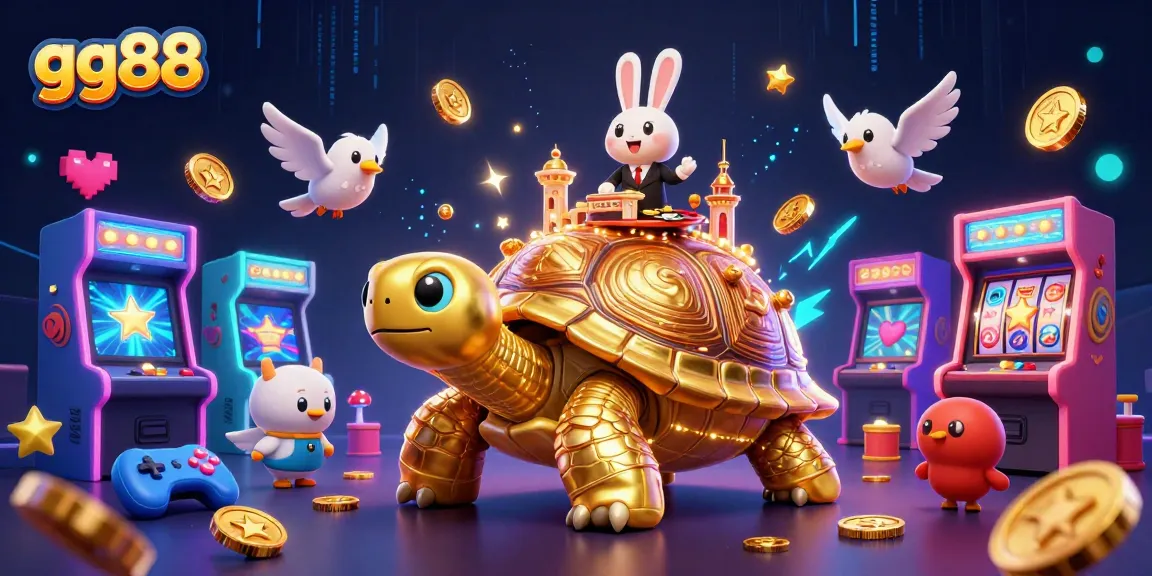 Experience thrilling gameplay with gg88 in this colorful, rich casino scene featuring a golden tortoise and exciting games.