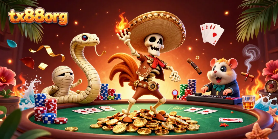Engage with tx88org's vibrant casino scene featuring a mariachi rooster and a mummy snake.