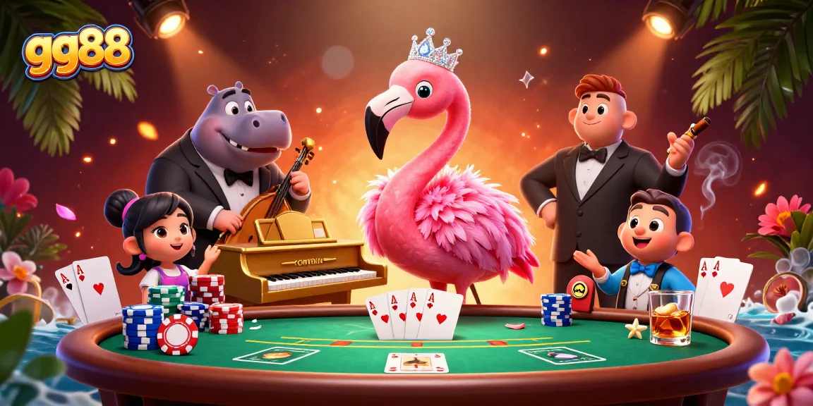 Experience the vibrant energy of gg88, a lively casino scene featuring colorful poker elements and engaging characters.