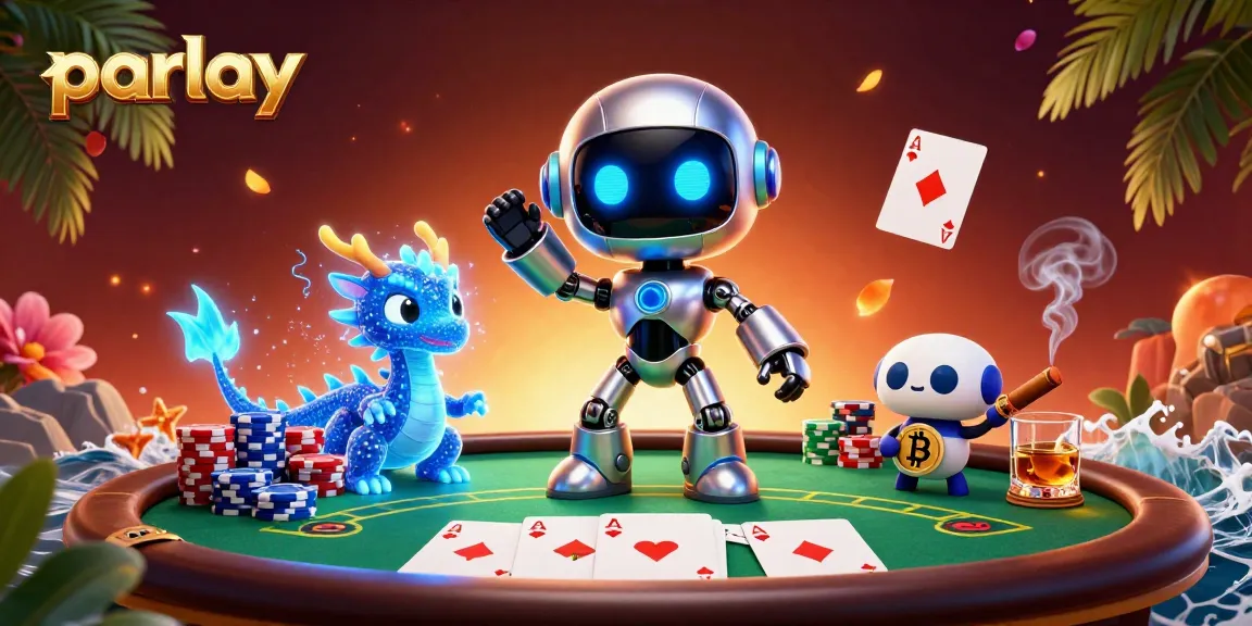 Engage in parlay betting with a neon robot and holographic dragon at a crowded poker table.