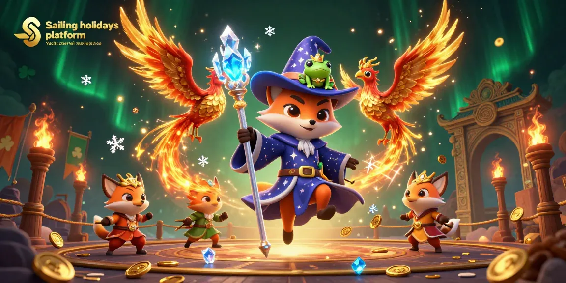 Sailing holidays platform Yacht charter marketplace: Immerse yourself in this vibrant 3D gambling scene, showcasing a mystical wizard fox, phoenix, and enchanting elements.