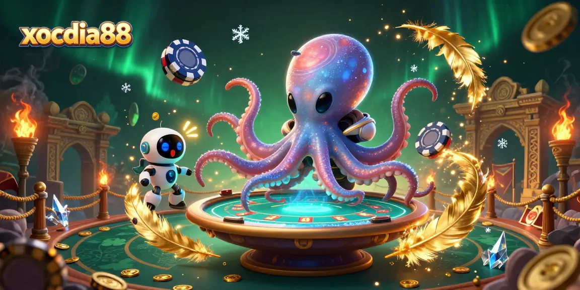 Xocdia88 showcases a lively alien octopus dealing at a futuristic poker table surrounded by vibrant casino elements.