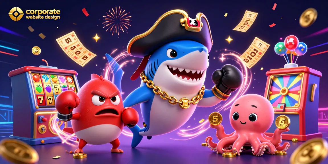 Experience corporate website design through a lively casino-themed scene featuring a shark, pufferfish, and octopus!