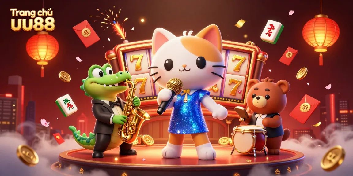 Engage with thrilling slots on Trang chủ uu88 amidst a vibrant casino scene featuring playful characters.