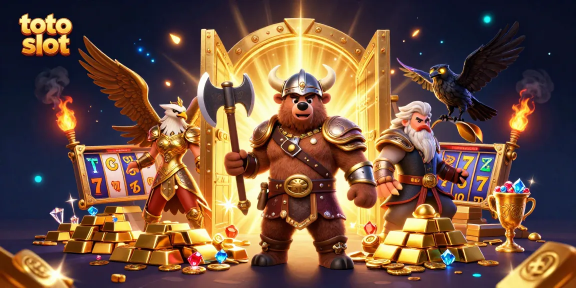 Toto slot game featuring Viking characters and dynamic gold treasure elements.