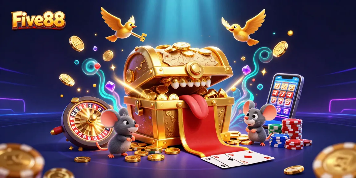 Experience the excitement of Five88 with treasure, golden coins, and lively casino energy.