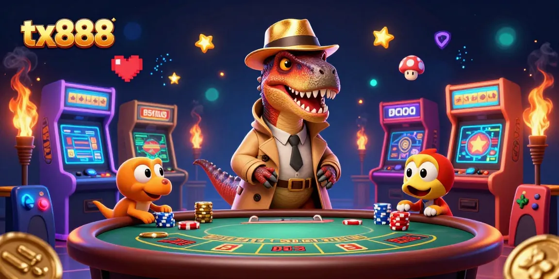 Engage with the tx888 card counting velociraptor at a vibrant casino scene filled with dynamic gaming elements.