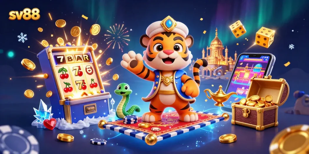 Spin the reels with sv88 in a vibrant casino adventure featuring an Arabian-themed sultan and treasures.