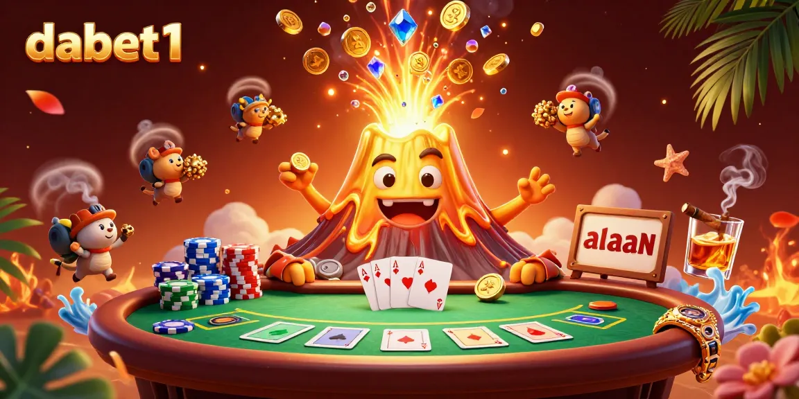 Experience thrilling poker action with dabet1 as golden treasures erupt from a volcano, surrounded by animated explorers.