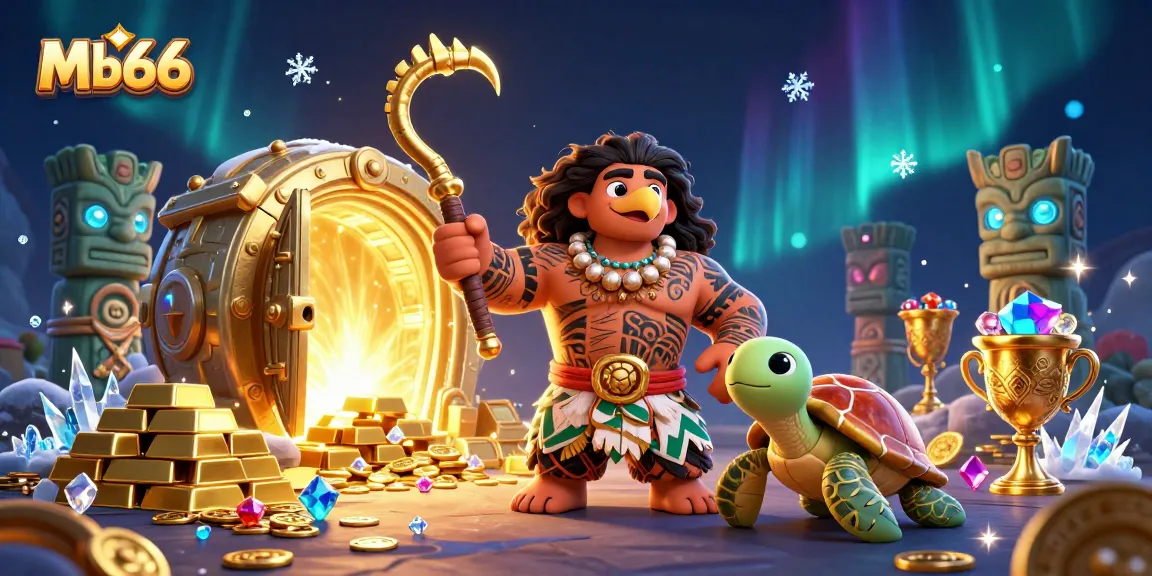 The Mb66 logo energizes a vibrant online casino scene with dynamic characters, gold treasures, and gaming elements.