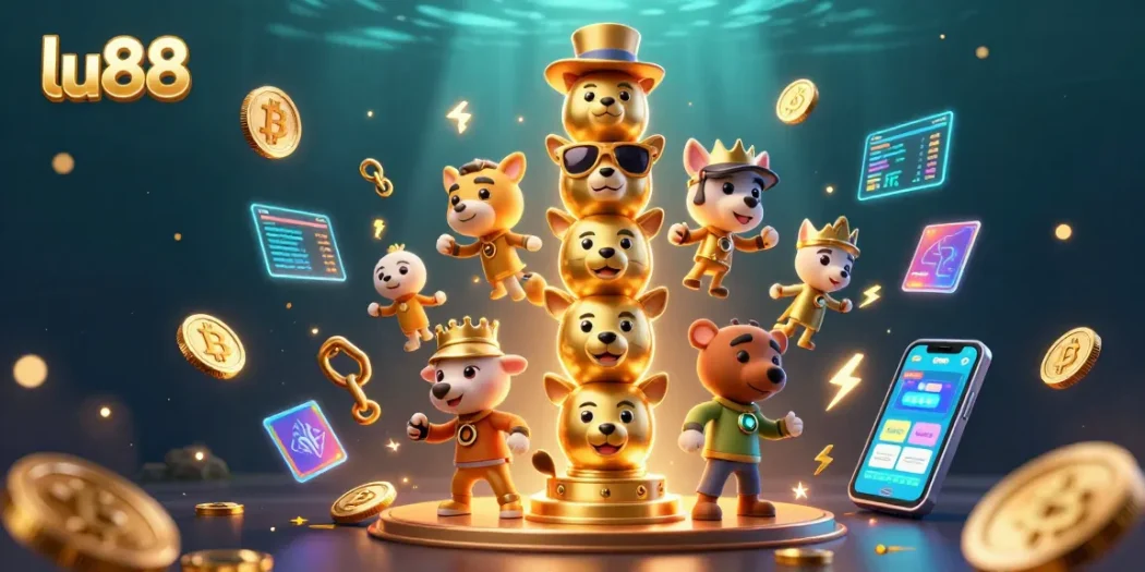 Engage with the vibrant lu88 casino world featuring lively characters, cryptocurrency elements, and energetic atmosphere.