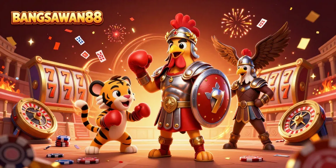 BANGSAWAN88 showcases a vibrant 3D illustration of a rooster gladiator with gaming elements for online bettors.