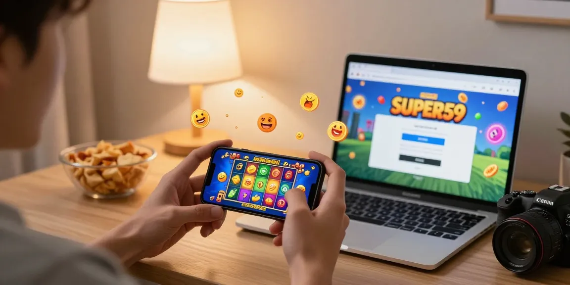 Pengguna memanfaatkan Super59 login di smartphone sambil bermain game slot, suasana nyaman dan menggembirakan di rumah.