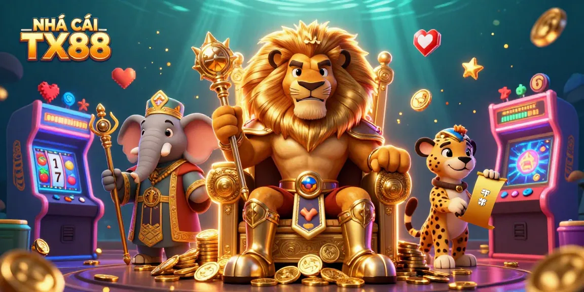 Engage in thrilling casino games at NHÀ CÁI TX88 with vibrant 3D characters in a gold-filled realm.