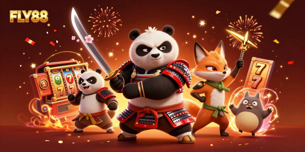 FLY88 presents an exciting slot game scene with action-packed characters and vibrant elements.