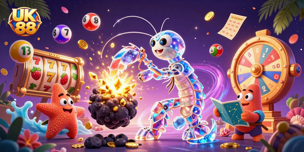 Engage in thrilling gameplay at UK 88 with a vibrant 3D scene featuring lottery elements, slot machines, and dynamic characters.