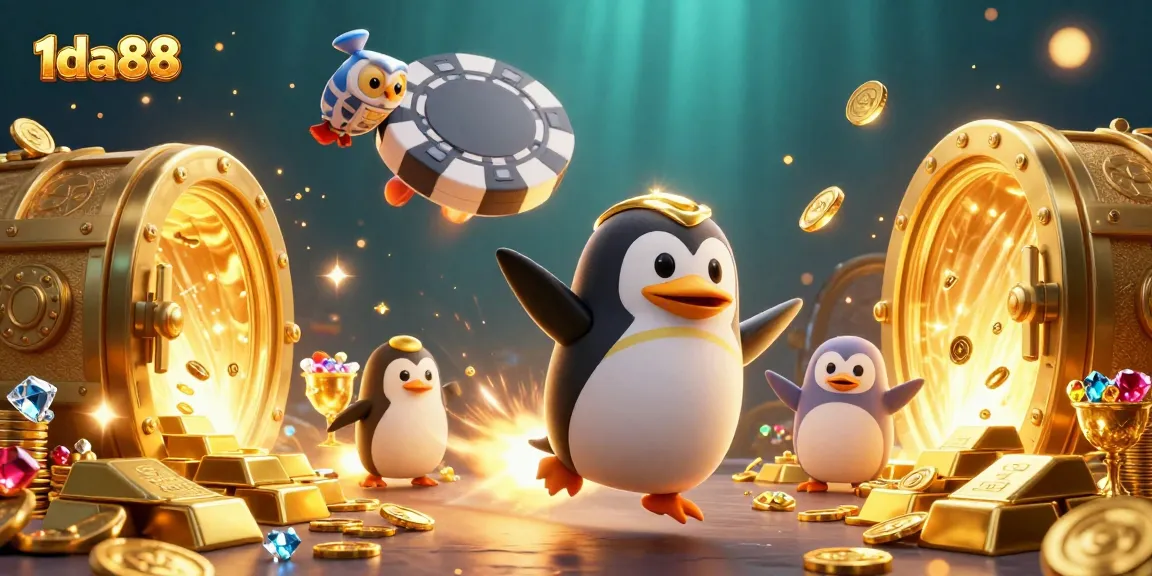Engage with 1da88 as the golden penguin drives towards a casino space station surrounded by riches.