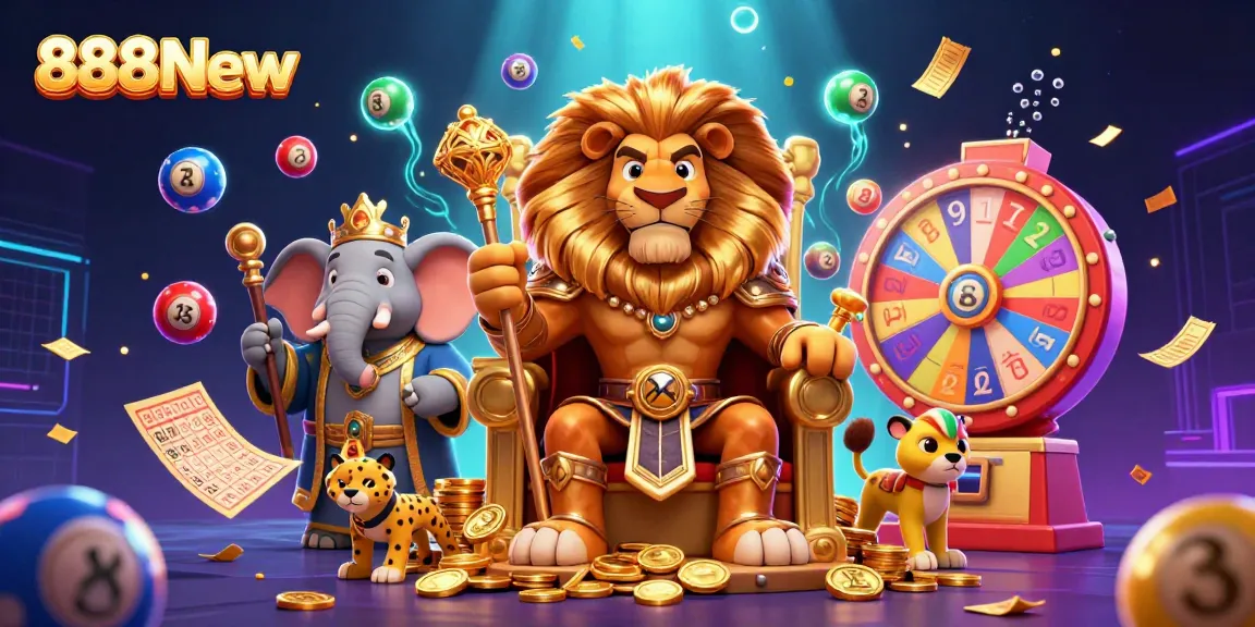 Engage with 888New's vibrant world of gaming featuring a lion king on gold coins amidst dynamic lottery elements.
