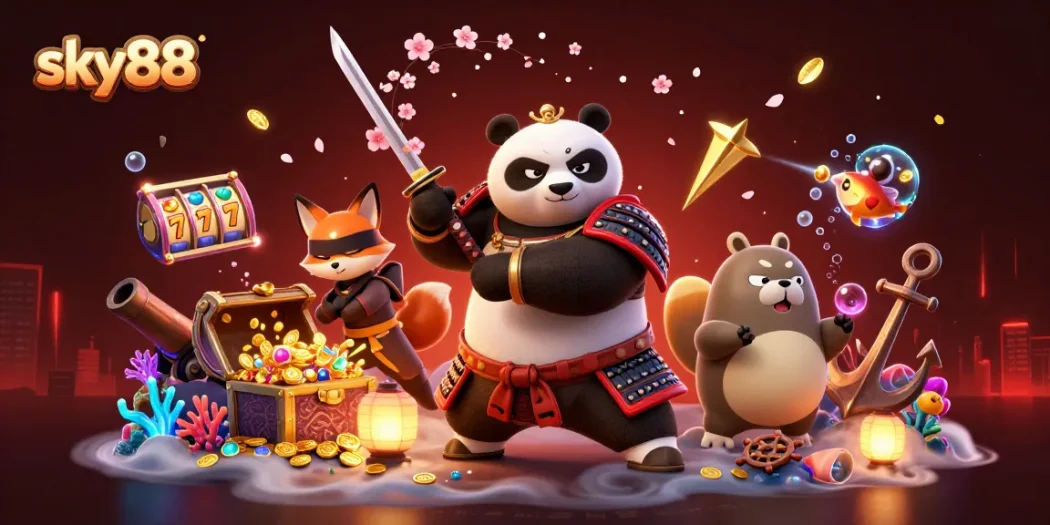 Engage with sky88's vibrant 3D casino world featuring samurai panda and lucky charms.