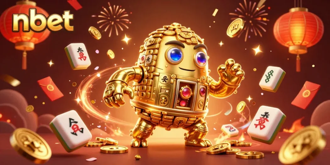 Experience the excitement of nbet with a vibrant 3D illustration of a golden golem and festive elements.