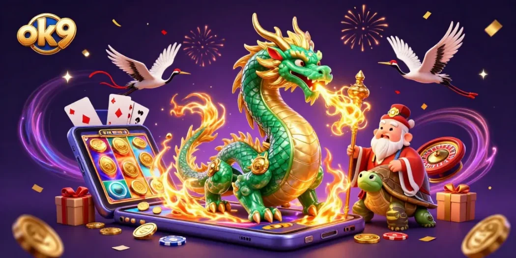 Spin colorful slot games on ok9 while an emerald jade dragon breathes golden fire.