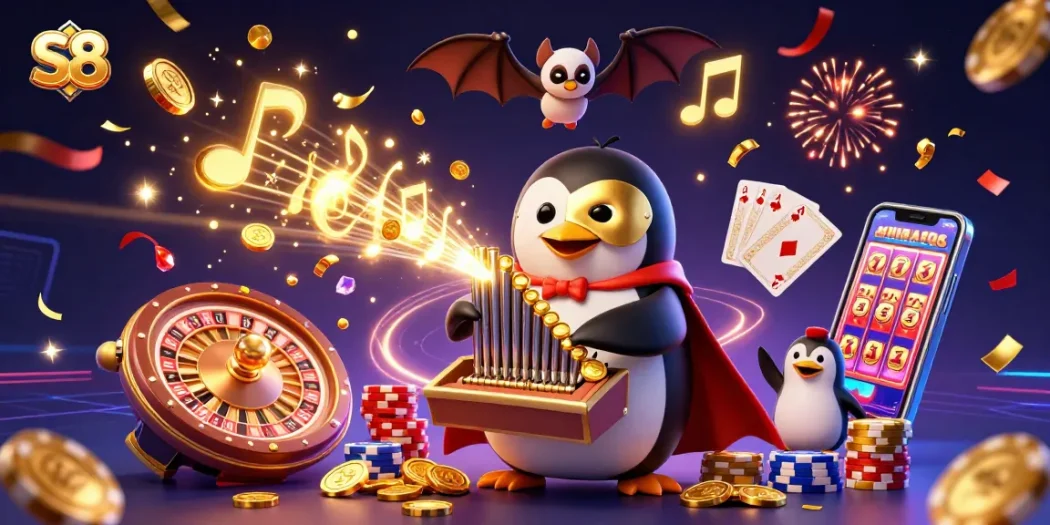 S8 players enjoy thrilling wins amidst golden coins cascading and a dynamic casino atmosphere.