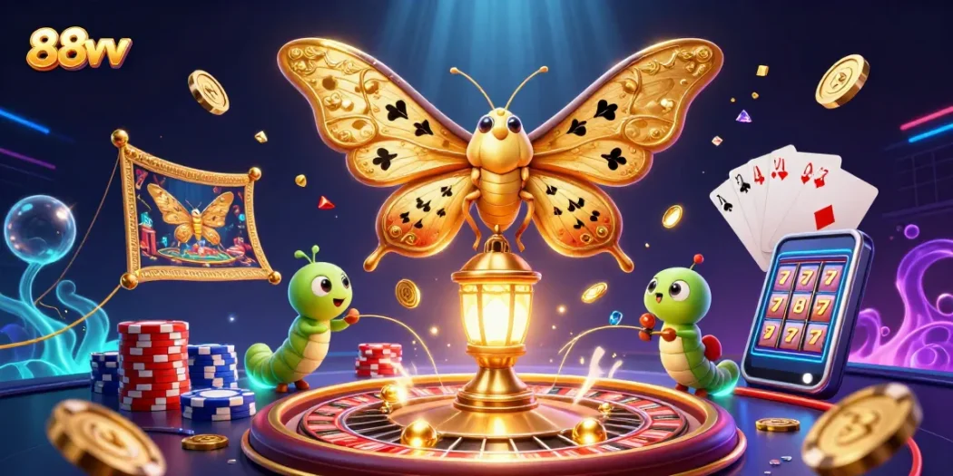 Experience the vibrant world of 88vv casino with golden moths and spinning roulette.